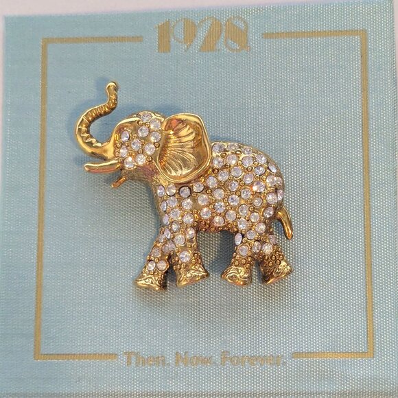 1928 Then, Now, Forever Gold Tone Clear Rhinestone Elephant Brooch Pin - Picture 1 of 3